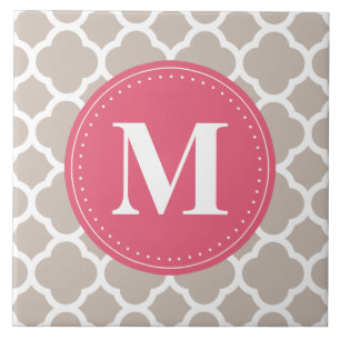 Pink Monogram Linen Grey Quatrefoil Pattern Tile