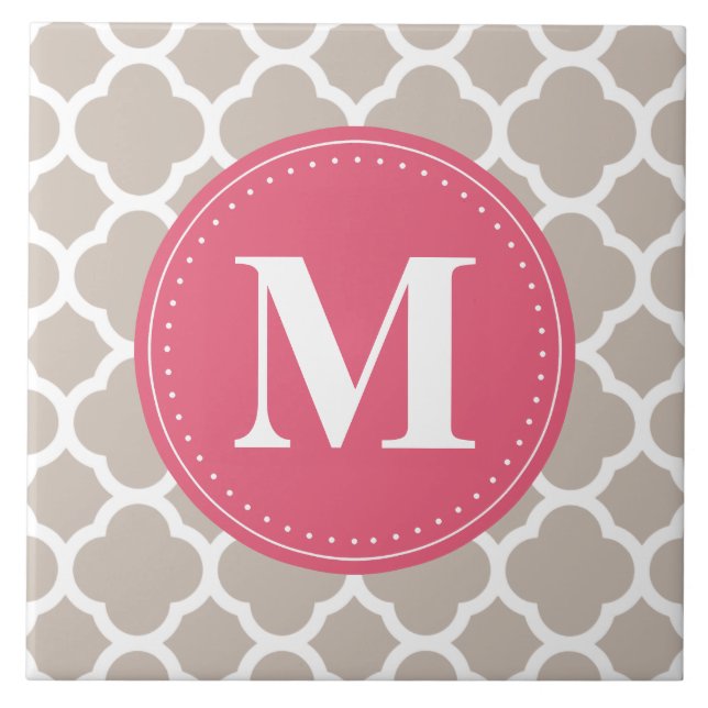 Pink Monogram Linen Grey Quatrefoil Pattern Tile (Front)