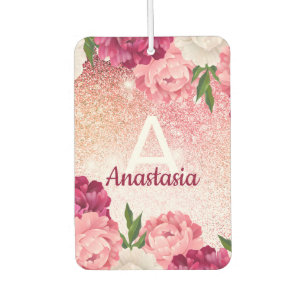 Pink monogram luxury glitter floral car air freshener