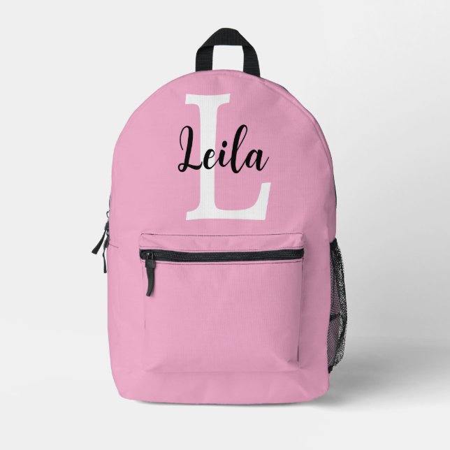 Pink Monogram Name Script Personalised Design Printed Backpack (Front)