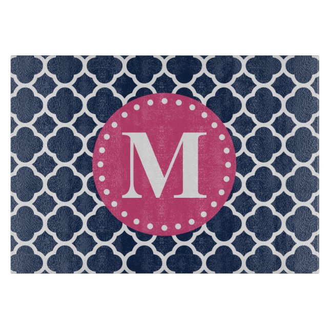 Pink Monogram Navy Quatrefoil Pattern Cutting Board (Front)