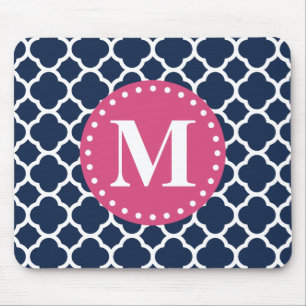 Pink Monogram Navy Quatrefoil Pattern Mouse Mat