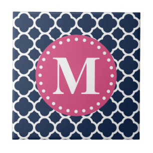 Pink Monogram Navy Quatrefoil Pattern Tile