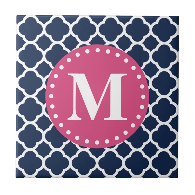 Pink Monogram Navy Quatrefoil Pattern Tile (Front)