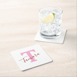 Pink Monogram Paper Coaster   Custom Name