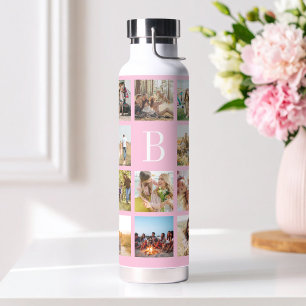 Pink Monogram Personalised 19 Photo Collage Water Bottle