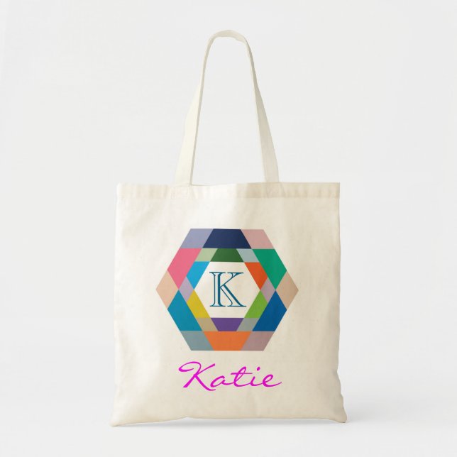 Pink Monogram Personalised Hexagon Geometry Tote Bag (Front)