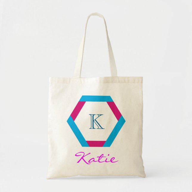 Pink Monogram Personalised Hexagon Geometry Tote Bag (Front)