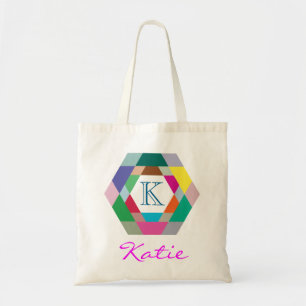 Pink Monogram Personalised Hexagon Geometry Tote Bag