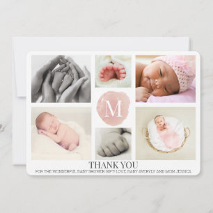 Pink Monogram Photo Collage Baby Thank You Card