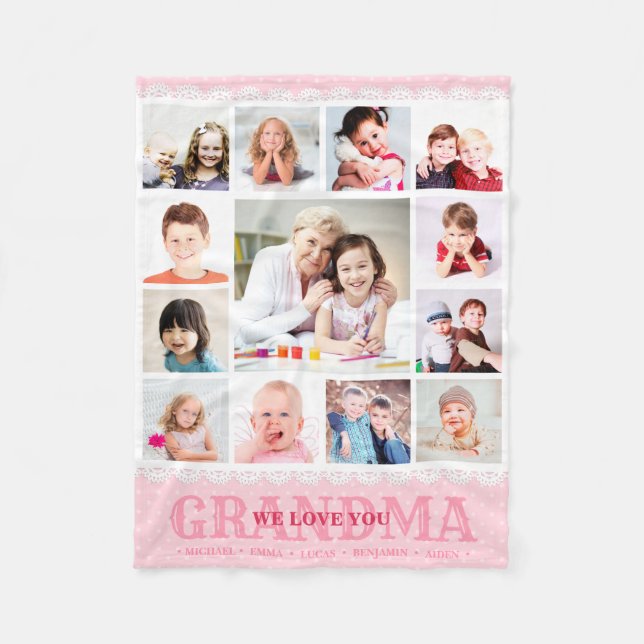 Pink Monogram Photo Collage Fleece Blanket (Front)