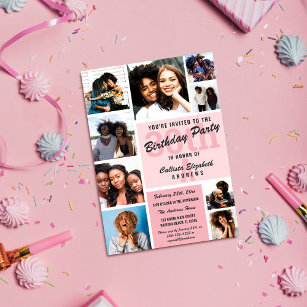 Pink Monogram Photo Collage Happy Birthday Invitation