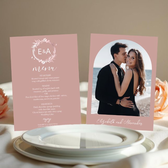 Pink Monogram Photo Wedding Menu Card (Creator Uploaded)