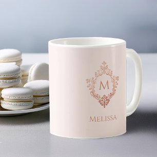Pink Monogram Rose Gold Elegant Vintage Crest Name Coffee Mug