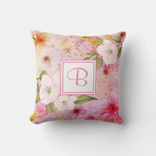 Pink monogram script floral watercolor vintage cushion