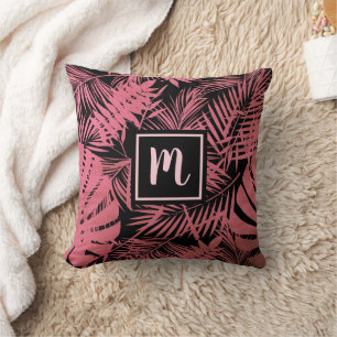 Pink monogram script palm leaf pattern modern  cushion