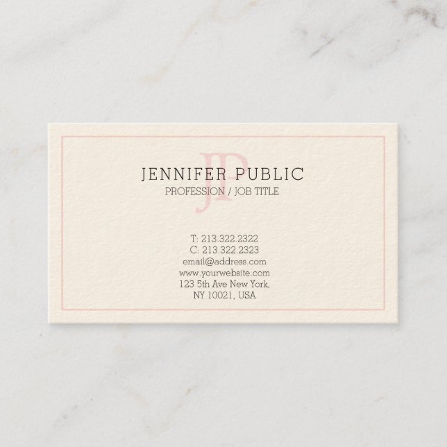 Pink Monogram Stylish Sleek Plain Trendy Cream Business Card (Front)