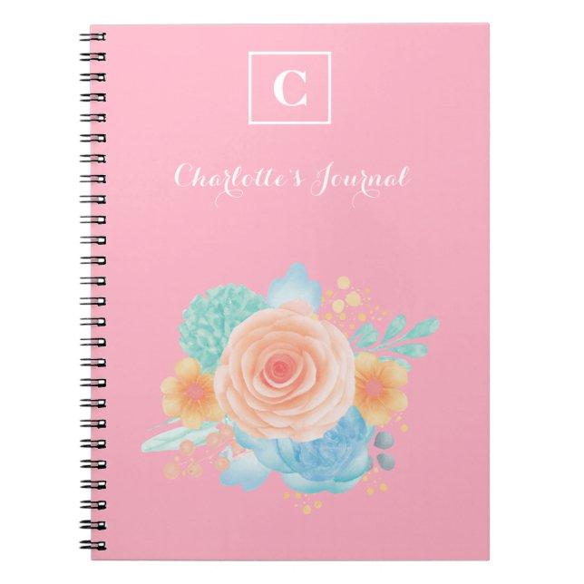 Pink Monogram Watercolor floral Notebook (Front)