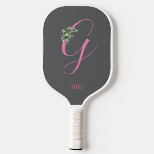 Pink monogram watercolor flower grey name pickleball paddle
