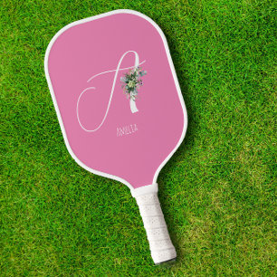 Pink monogram watercolor flower pickleball paddle