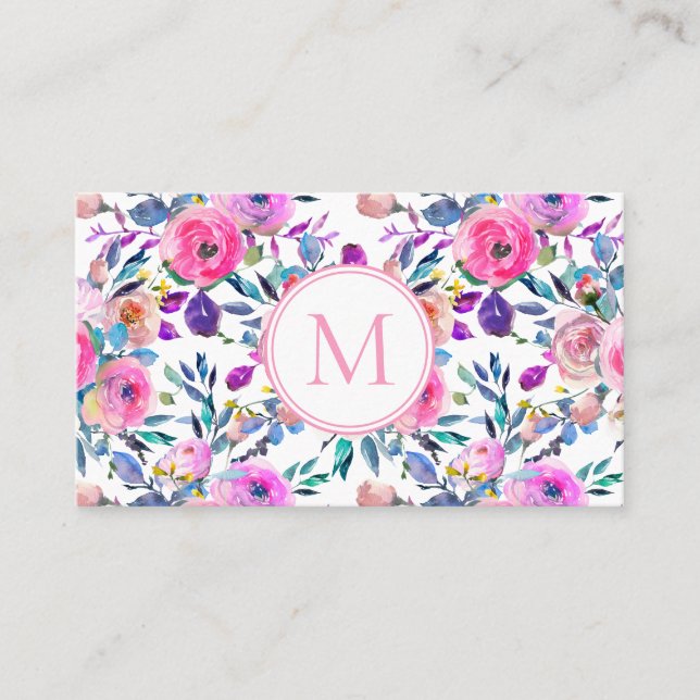 Pink Monogram Watercolor Flowers Business Card (Front)