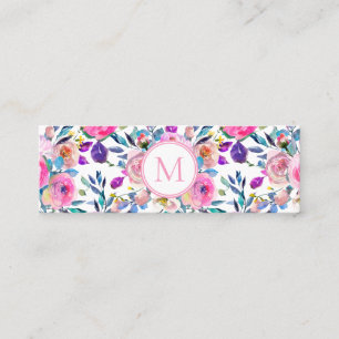Pink Monogram Watercolor Flowers Mini Business Card