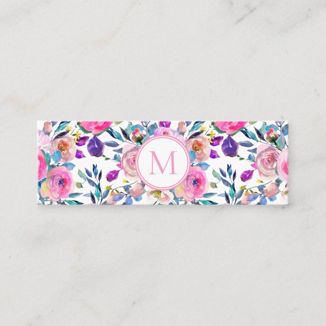 Pink Monogram Watercolor Flowers Mini Business Card (Front)