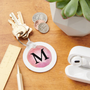 Pink Monogram Watercolor name letter Circle Key Ring