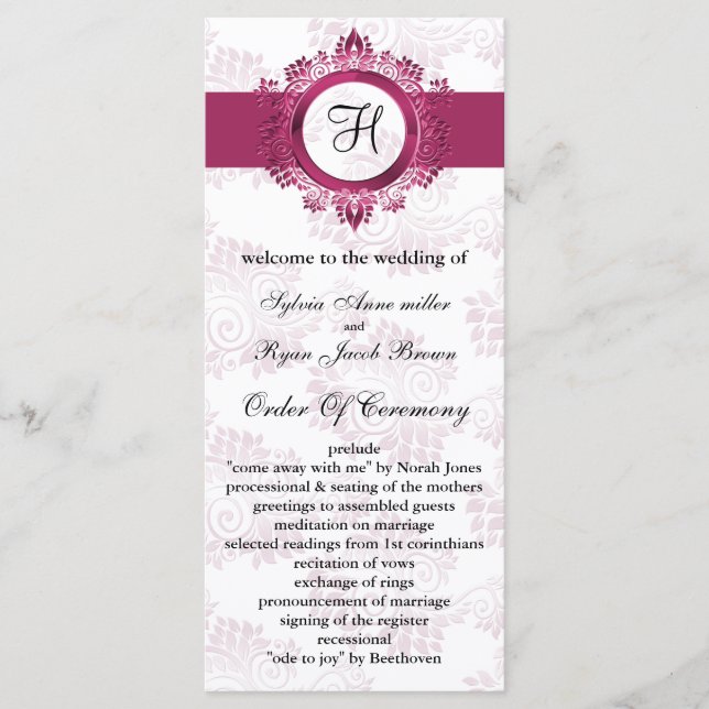 pink monogram Wedding program Programme (Front)