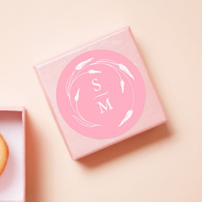 Pink Monogram Wedding Stickers (Wedding favor stickers monogram pink floral line art by  Victoria Grigaliunas of Do Tell A Belle)