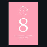 Pink Monogram Wedding Table Number Card<br><div class="desc">This elegant wedding table number card features a monogram encircled by floral line art with the bride and groom's initials, names and wedding date in white over a pink background. Use the template fields to add your custom details. Click on "Edit using design tool" to change the colours and fonts....</div>