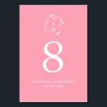Pink Monogram Wedding Table Number Card<br><div class="desc">This elegant wedding table number card features a monogram encircled by floral line art with the bride and groom's initials, names and wedding date in white over a pink background. Use the template fields to add your custom details. Click on "Edit using design tool" to change the colours and fonts....</div>