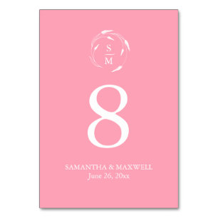 Pink Monogram Wedding Table Number Card