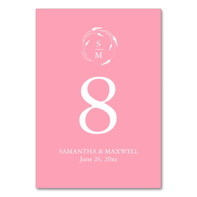 Pink Monogram Wedding Table Number Card (Front)