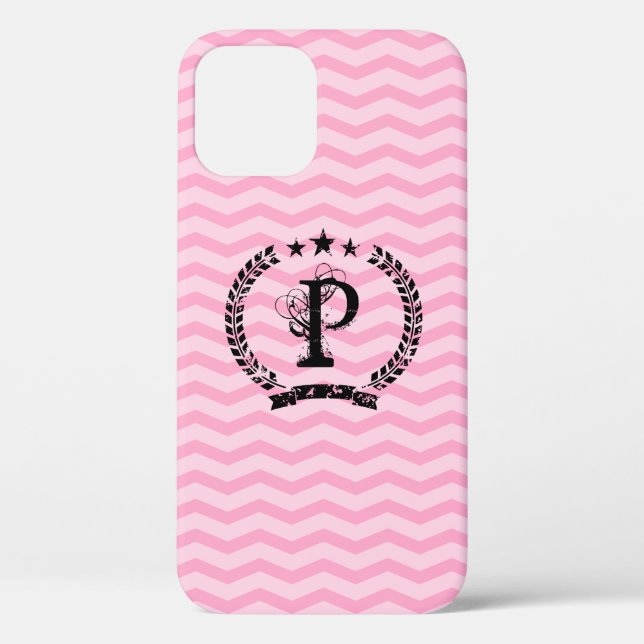 Pink monogrammed chevron pattern iPhone 12 case (Back)