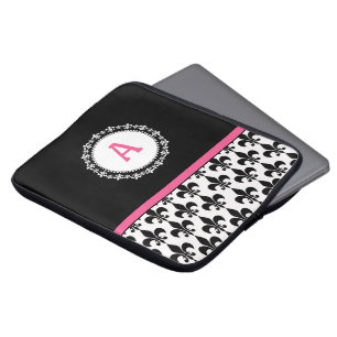 Pink Monogrammed Fleur de Lis Laptop Sleeve