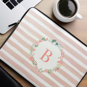 Pink Monogrammed Floral Wreath Laptop Sleeve