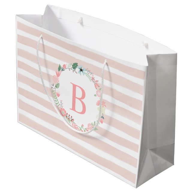 Pink Monogrammed Floral Wreath Large Gift Bag (Back Angled)