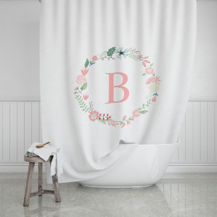 Pink Monogrammed Floral Wreath Shower Curtain
