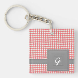 Pink Monogrammed Houndstooth Key Ring