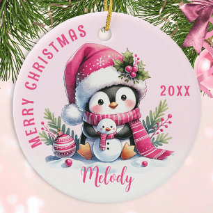 Pink Monogrammed Merry Christmas Cute Penguin Ceramic Tree Decoration