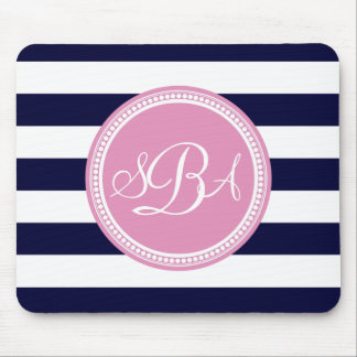 Pink Monogrammed Navy Blue Stripe Personalised Mouse Mat