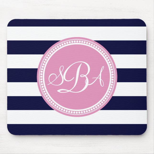 Pink Monogrammed Navy Blue Stripe Personalised Mouse Mat (Front)