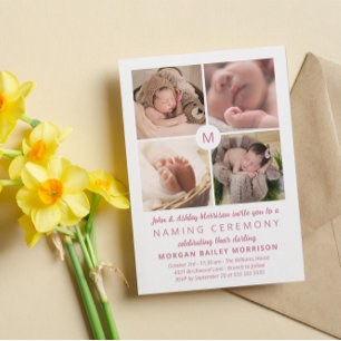 Pink Monogrammed Photo Collage Naming Ceremony Invitation