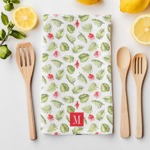 Pink Monogrammed Tropical Palm Leaves Pattern Tea Towel