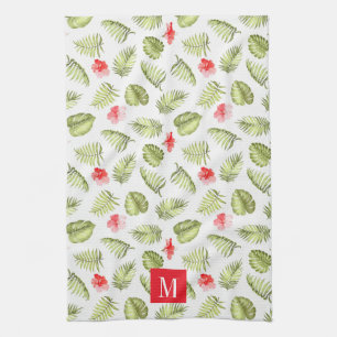 Pink Monogrammed Tropical Palm Leaves Pattern Tea Towel