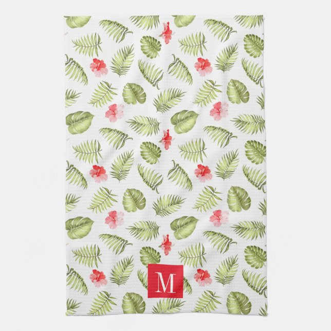 Pink Monogrammed Tropical Palm Leaves Pattern Tea Towel (Vertical)