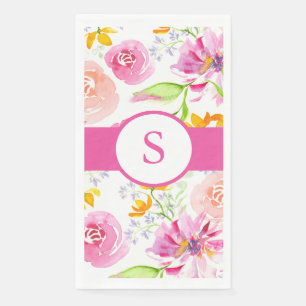Pink Monogrammed Watercolor Flowers Napkin