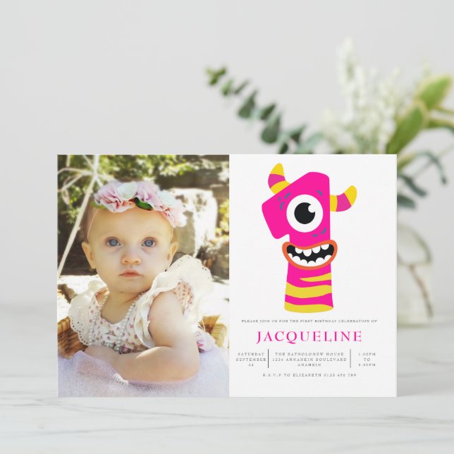 Pink Monster Girls 1st Birthday Party Photo Invitation (Standing Front)