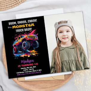Pink Monster Truck Birthday Invitations Photo
